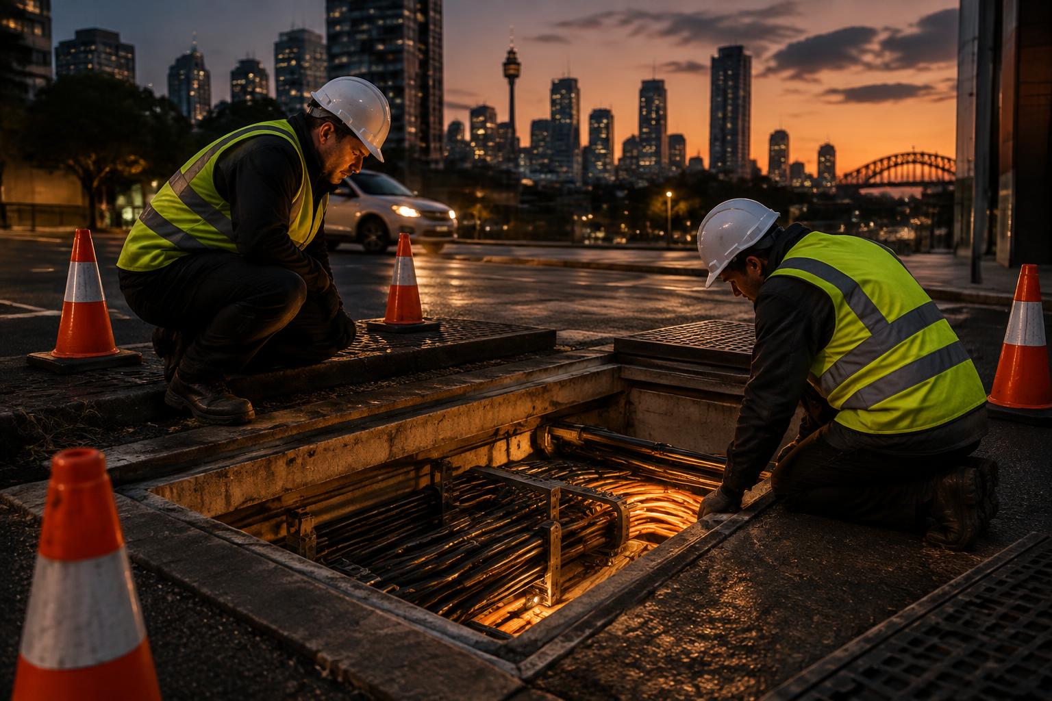 Personal técnico inspeccionando una recámara subterránea en vía urbana